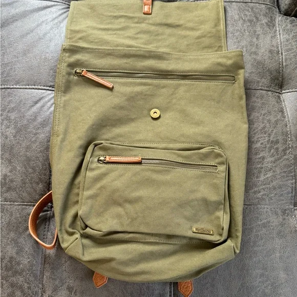 Billabong Backpack with Leather Strap Olive Green 17”x14” - Picture 3 of 13